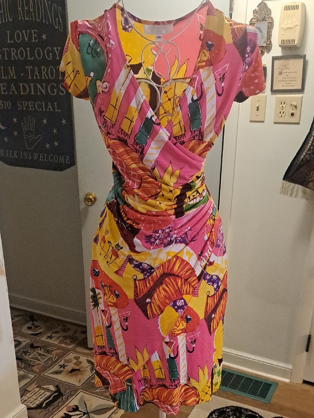 Vintage 90s Y2k Janine Pink and Yellow Graphic Dress, XS